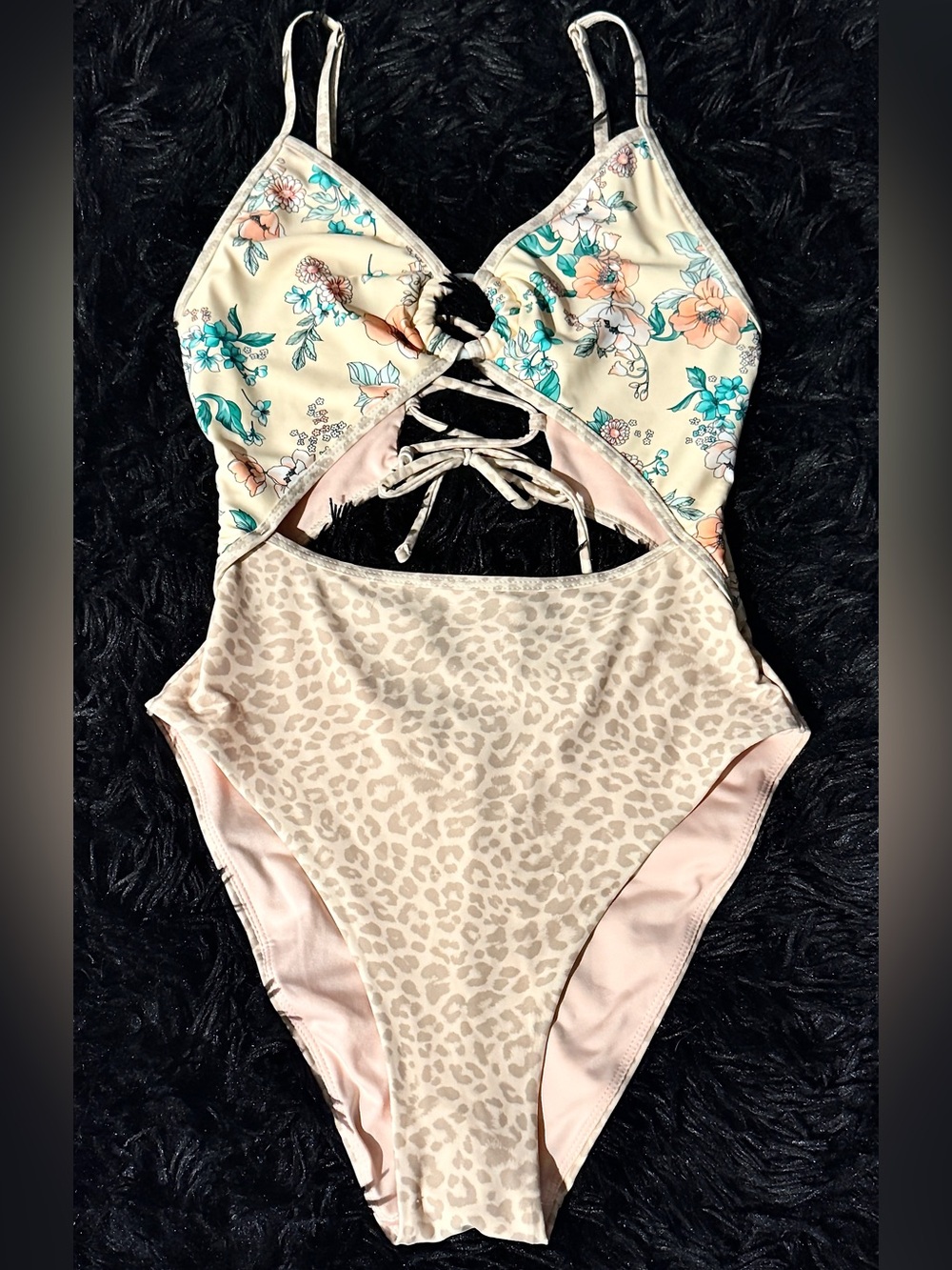 Power 2 The Floral-Floral & Leopard One-Piece Swimsuit in Cream and Blush (S)